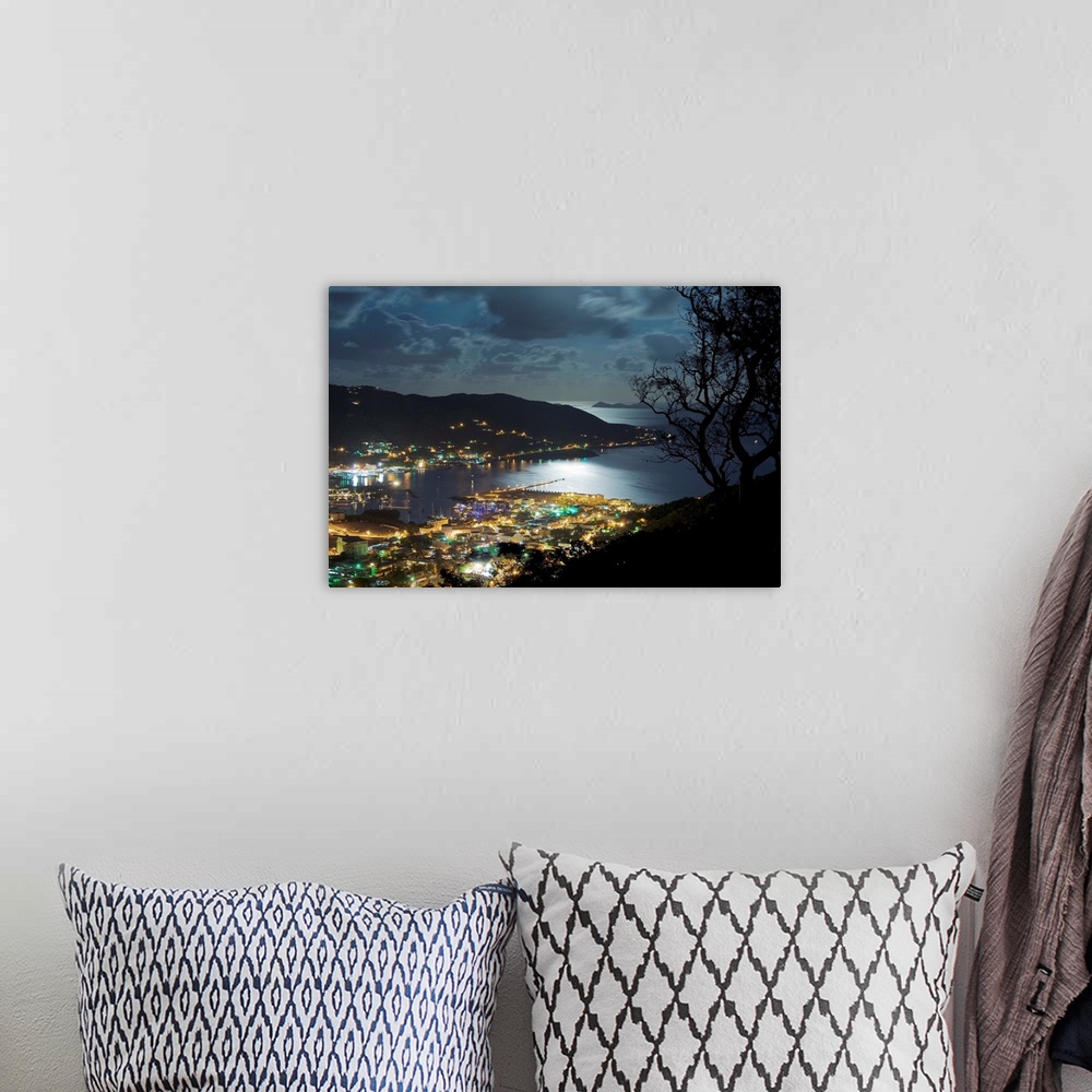 A bohemian room featuring BVI, Tortola, Caribbean, View of Road Town during a full moon night