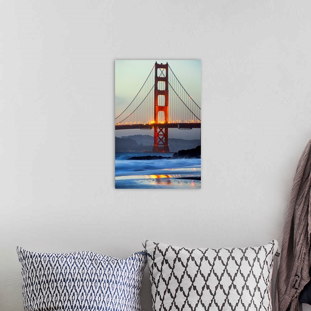 A bohemian room featuring USA, California, San Francisco, Golden Gate Bridge, View from Baker Beach at dusk.