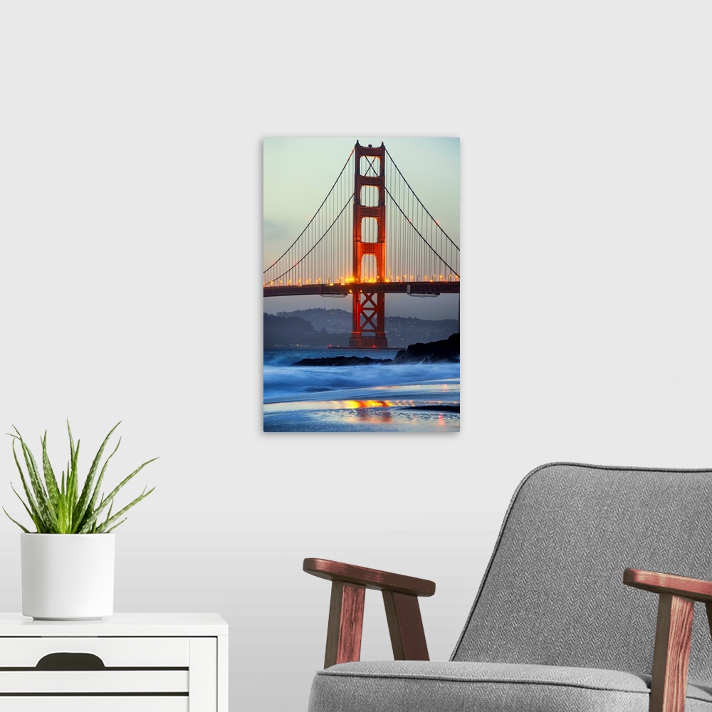 A modern room featuring USA, California, San Francisco, Golden Gate Bridge, View from Baker Beach at dusk.