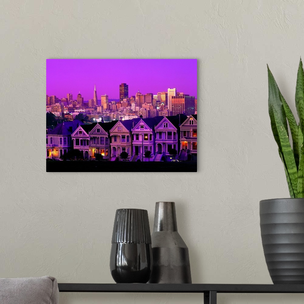 A modern room featuring California, San Francisco, row of victorian homes at dusk