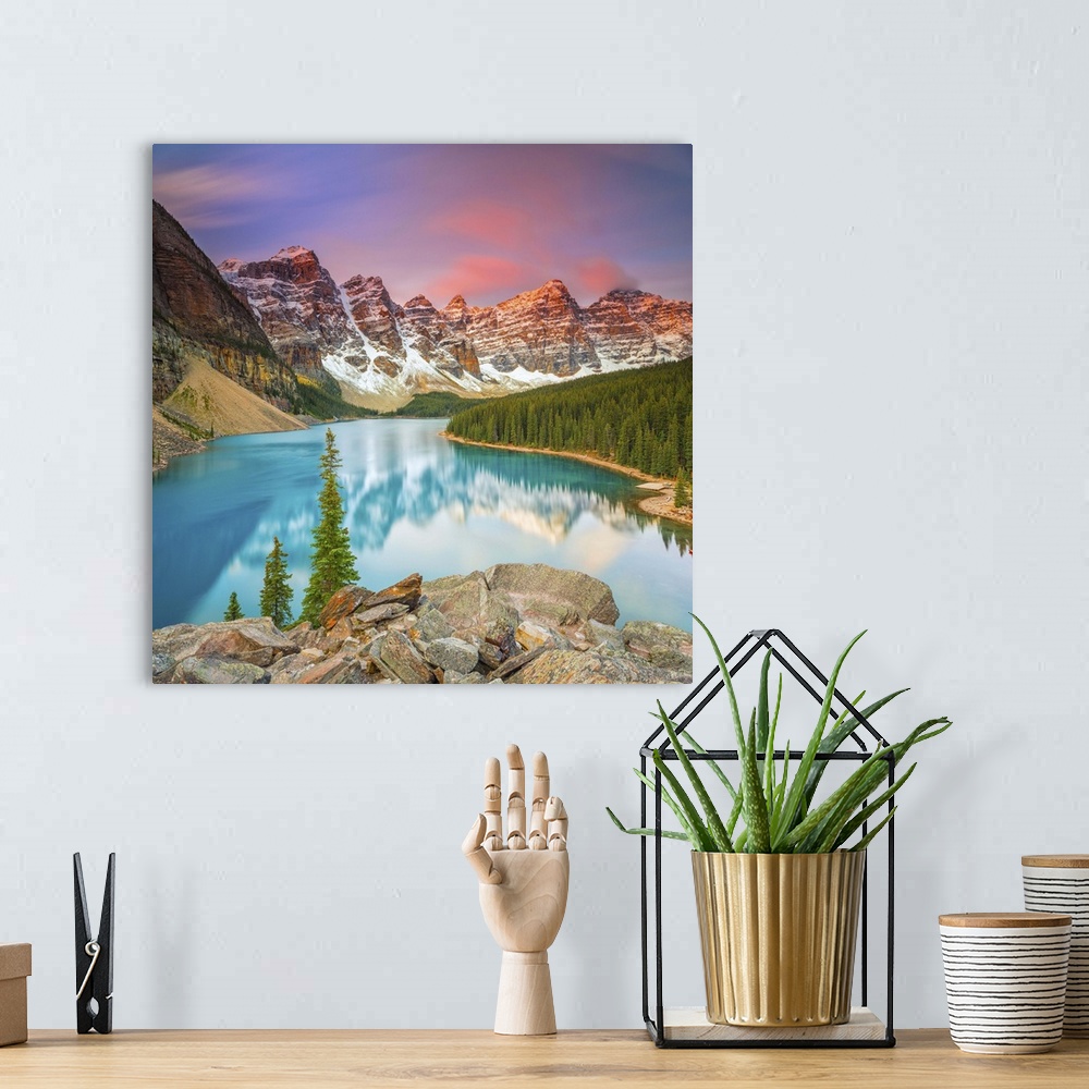 A bohemian room featuring Canada, Alberta, Banff National Park, Rocky Mountains, Moraine Lake, Valley of the Ten Peaks.