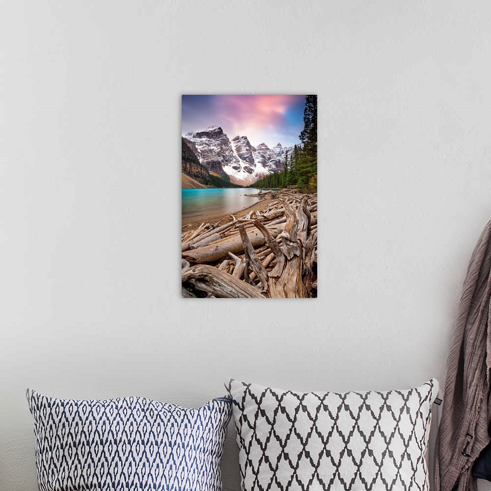 A bohemian room featuring Canada, Alberta, Banff National Park, Rocky Mountains, Moraine Lake, Valley of the Ten Peaks.