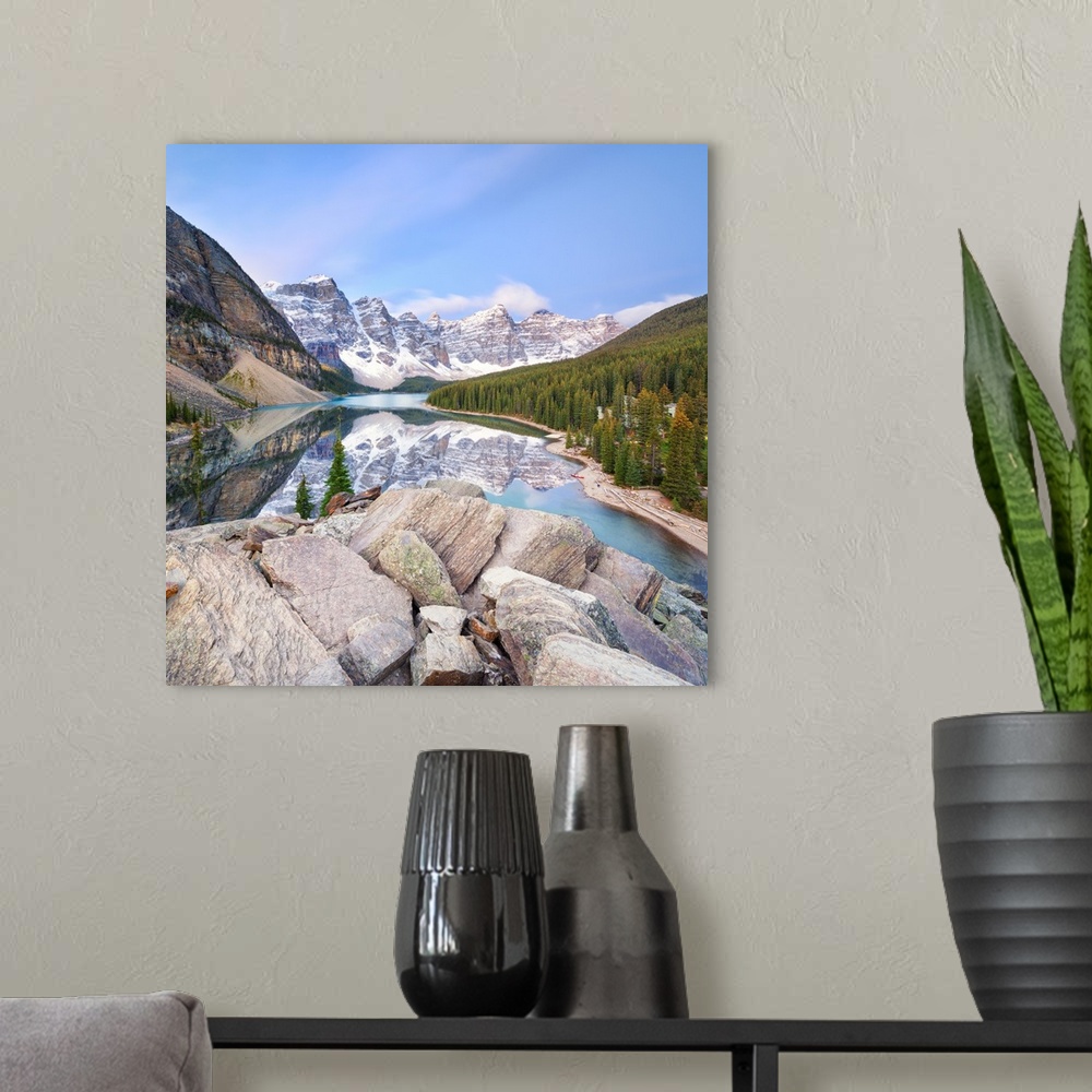 A modern room featuring Canada, Alberta, Rocky Mountains, Banff National Park, Moraine Lake, Valley of the Ten Peaks.