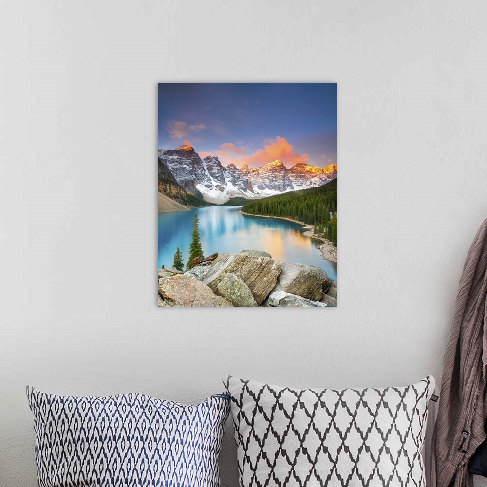 A bohemian room featuring Canada, Alberta, Rocky Mountains, Banff National Park, Moraine Lake, Valley of the Ten Peaks.
