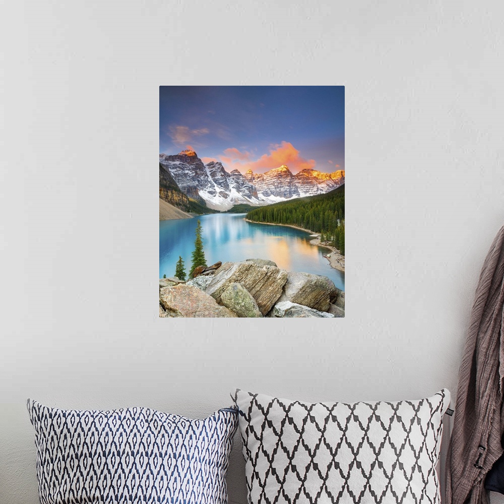 A bohemian room featuring Canada, Alberta, Rocky Mountains, Banff National Park, Moraine Lake, Valley of the Ten Peaks.