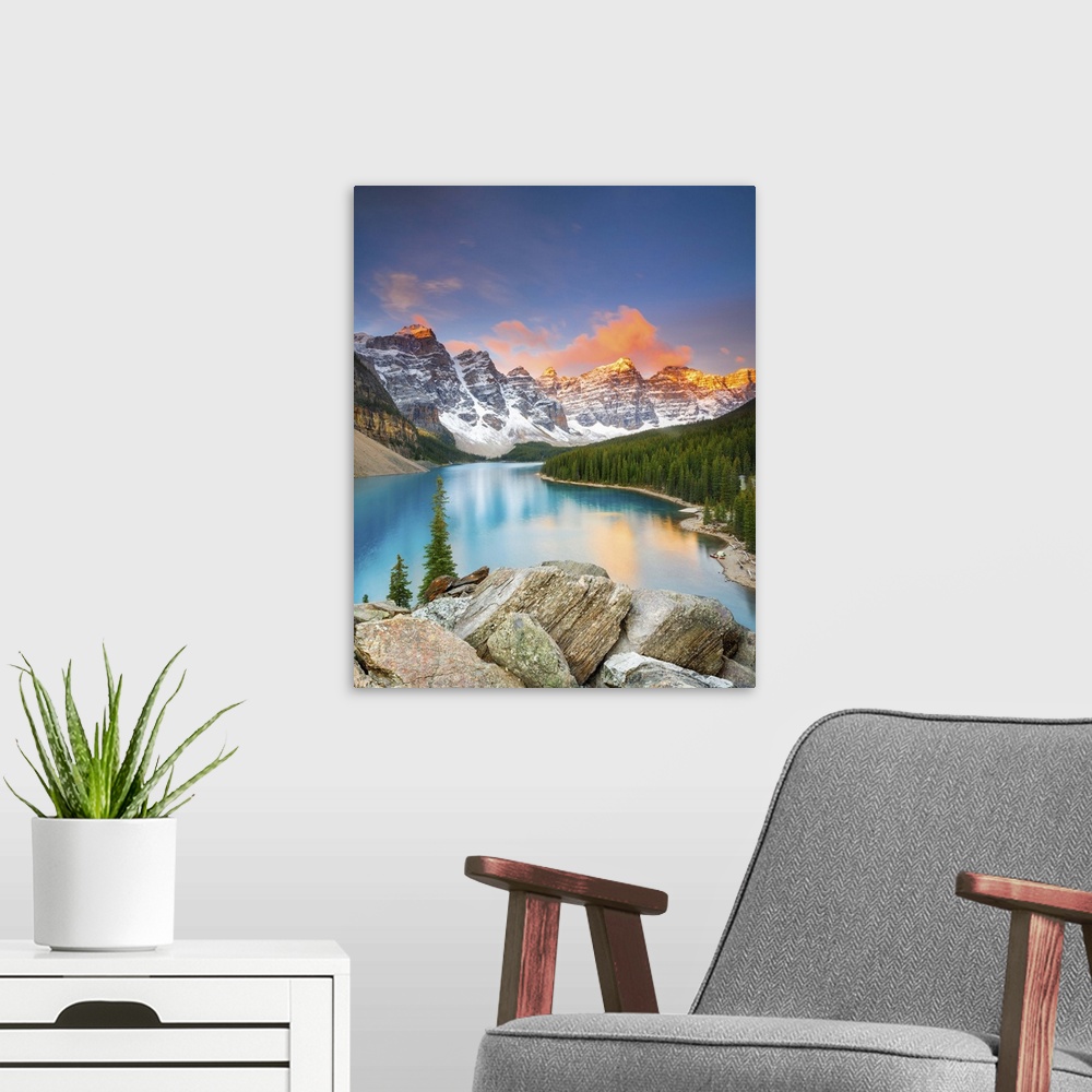 A modern room featuring Canada, Alberta, Rocky Mountains, Banff National Park, Moraine Lake, Valley of the Ten Peaks.