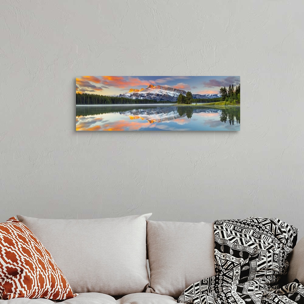 A bohemian room featuring Canada, Alberta, Rocky Mountains, Banff National Park, Two Jack Lake and Mount Rundle.