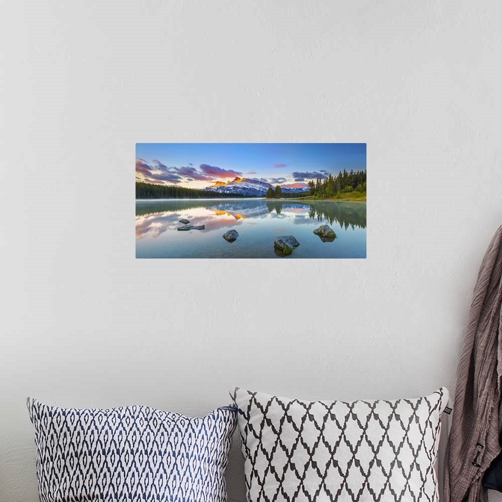 A bohemian room featuring Canada, Alberta, Rocky Mountains, Banff National Park, Two Jack Lake and Mount Rundle.