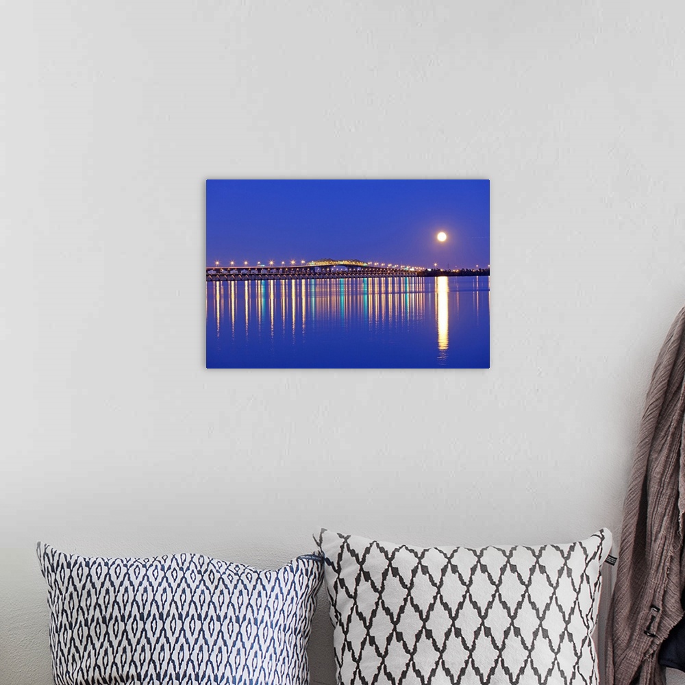 A bohemian room featuring Canada, Quebec, Montreal, Pont Champlain bridge at night