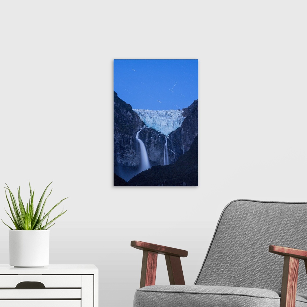 A modern room featuring Chile, Aisen, Puyuhuapi, Patagonia, Andes, Carretera Austral, Glacier and waterfalls at night, Qu...