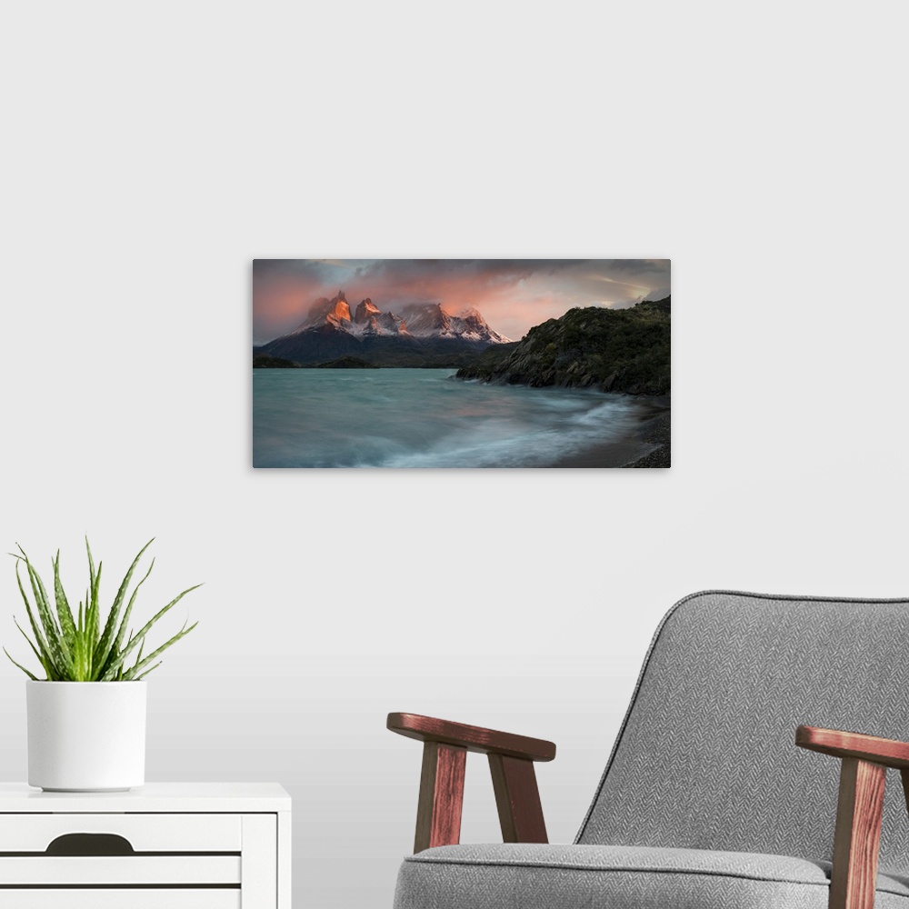 A modern room featuring Chile, Patagonia, Torres del Paine National Park, Lago Pehoe at dawn.