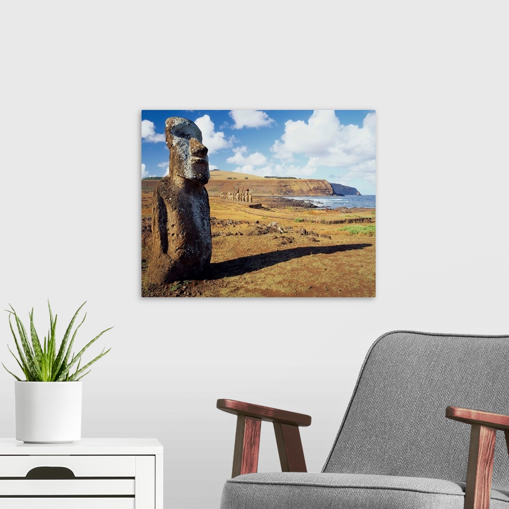 A modern room featuring Chile, South America, Easter Island, Rapa Nui National Park, Ahu Tongariki, Moai statues