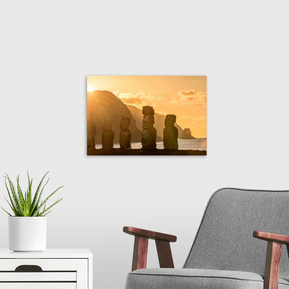 A modern room featuring Chile, Valparaiso, Easter Island, Ahu Tongariki Moai at sunrise.