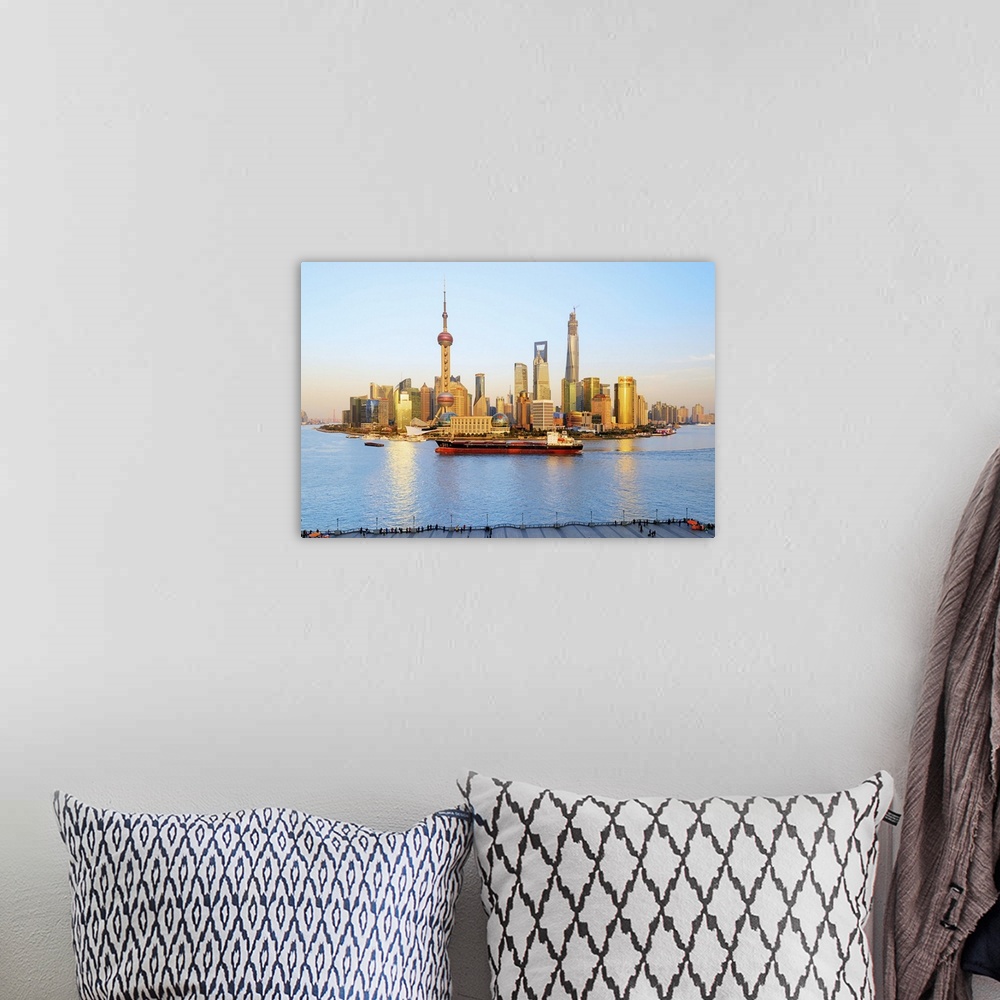 A bohemian room featuring China, Shanghai, Pudong, Oriental Pearl Tower, High view of Lujiazui Financial District skyline w...