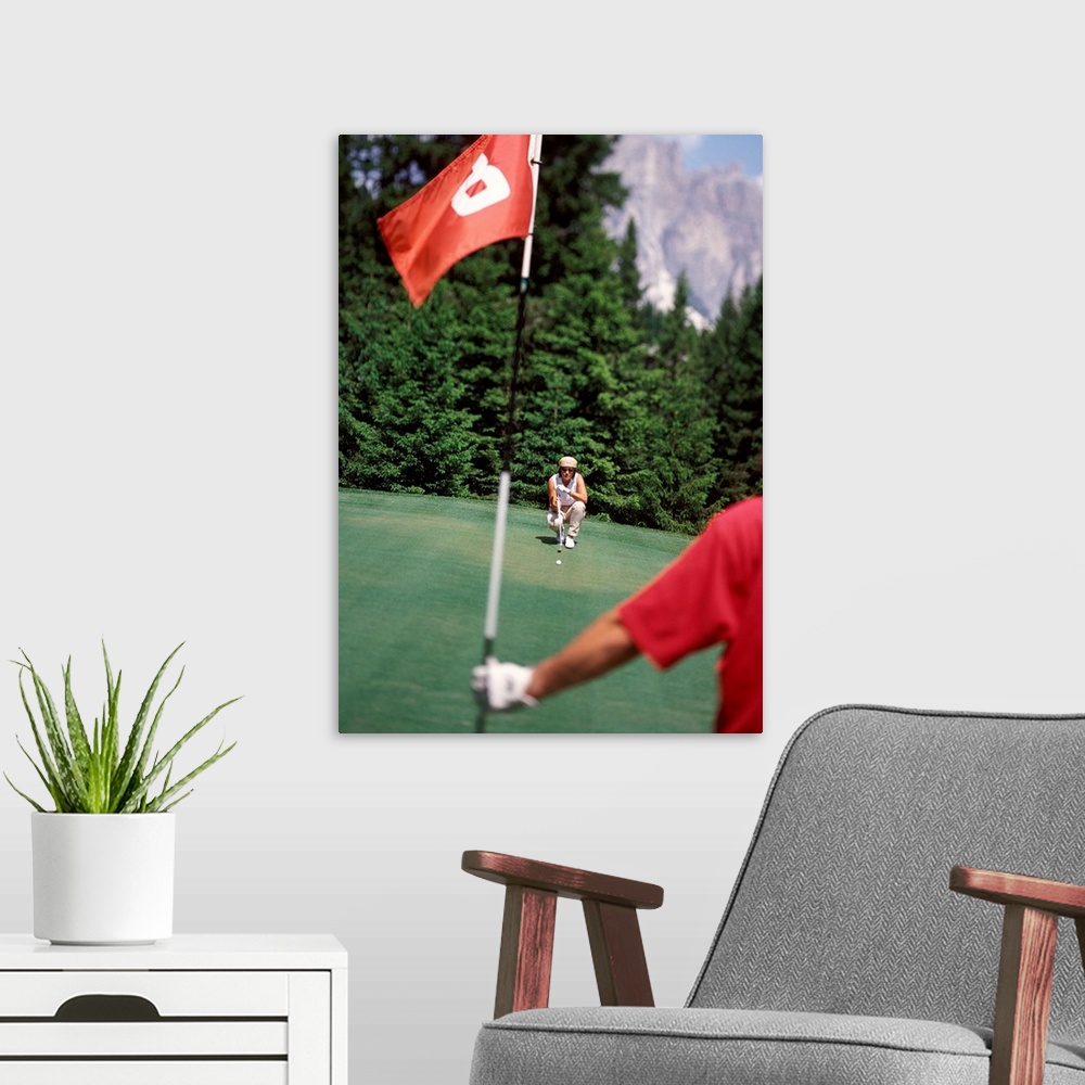 A modern room featuring Couple playing golf, man holding flag