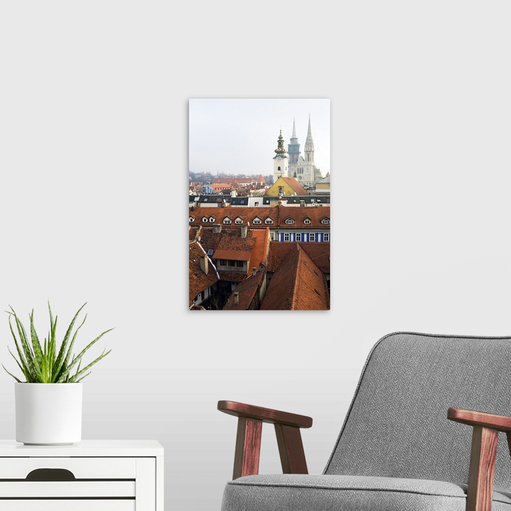 A modern room featuring Croatia, Zagreb, Mediterranean area, View across old town and the Cathedral