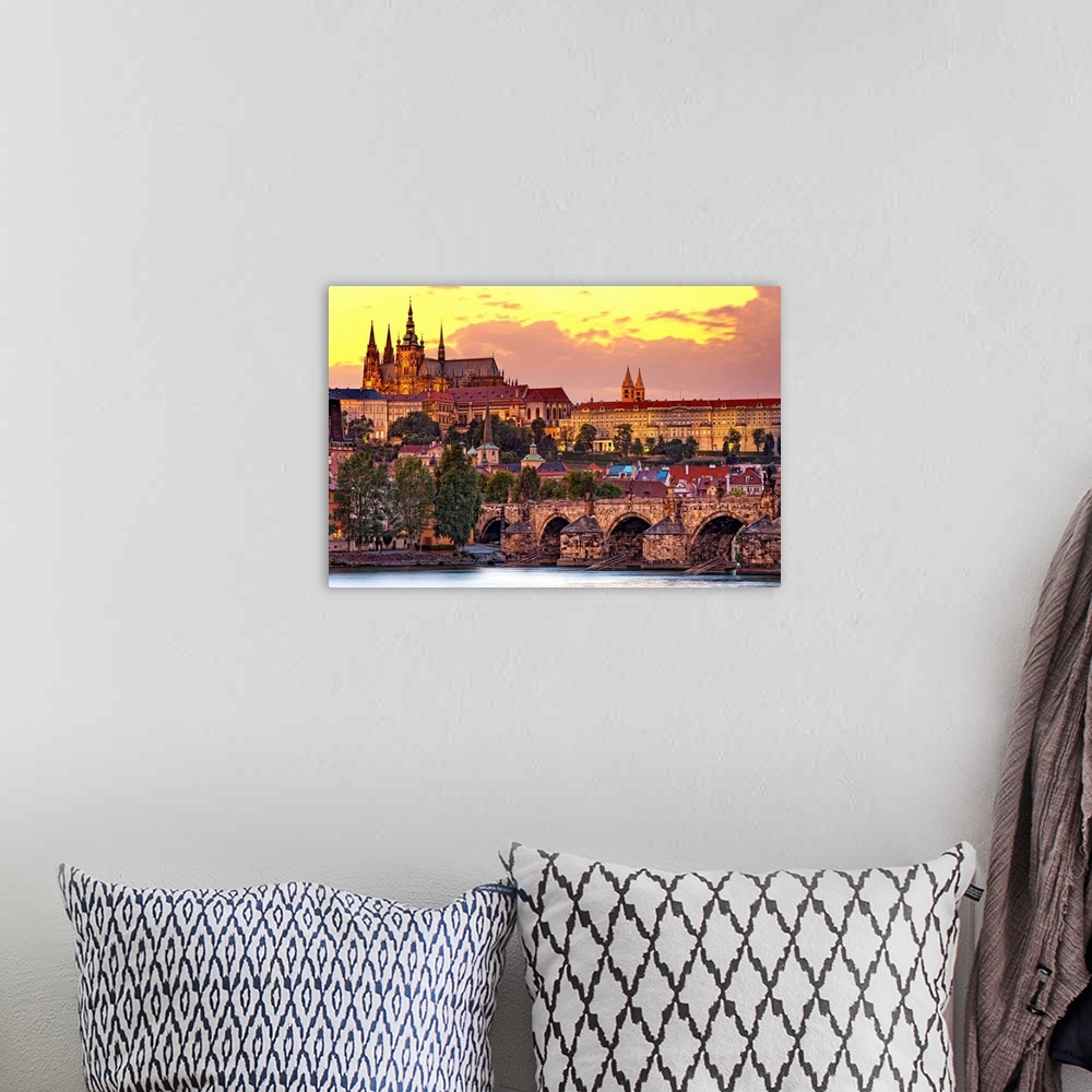 A bohemian room featuring Czech Republic, Bohemia, Prague, Vltava River, Hradcany Castle and St Vitus Cathedral