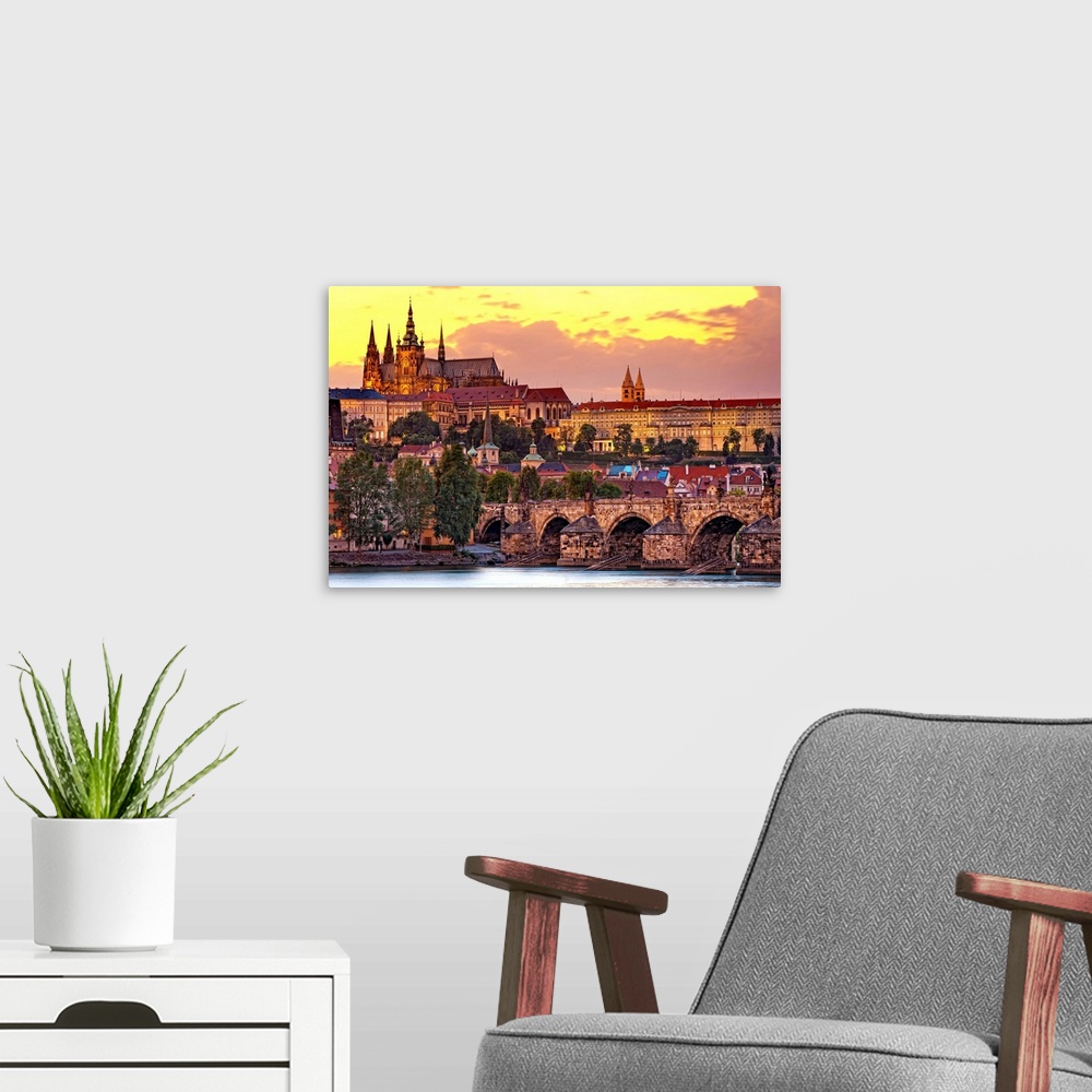 A modern room featuring Czech Republic, Bohemia, Prague, Vltava River, Hradcany Castle and St Vitus Cathedral