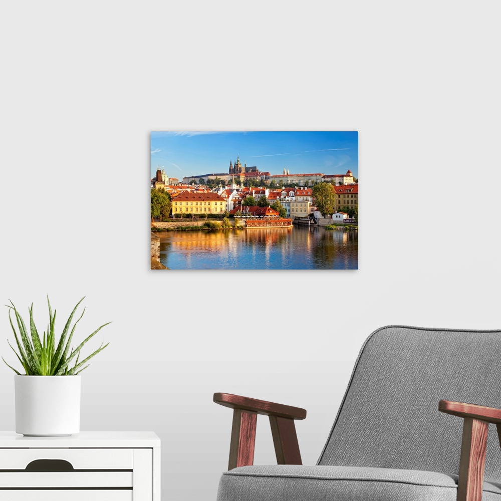 A modern room featuring Czech Republic, Bohemia, Prague, Vltava River, View Hradcany Castle & St Vitus Cathedral