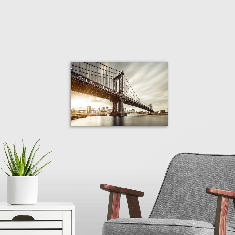 A modern room featuring USA, New York City, East River, Manhattan, Lower Manhattan, Manhattan Bridge, Brooklyn Bridge and...