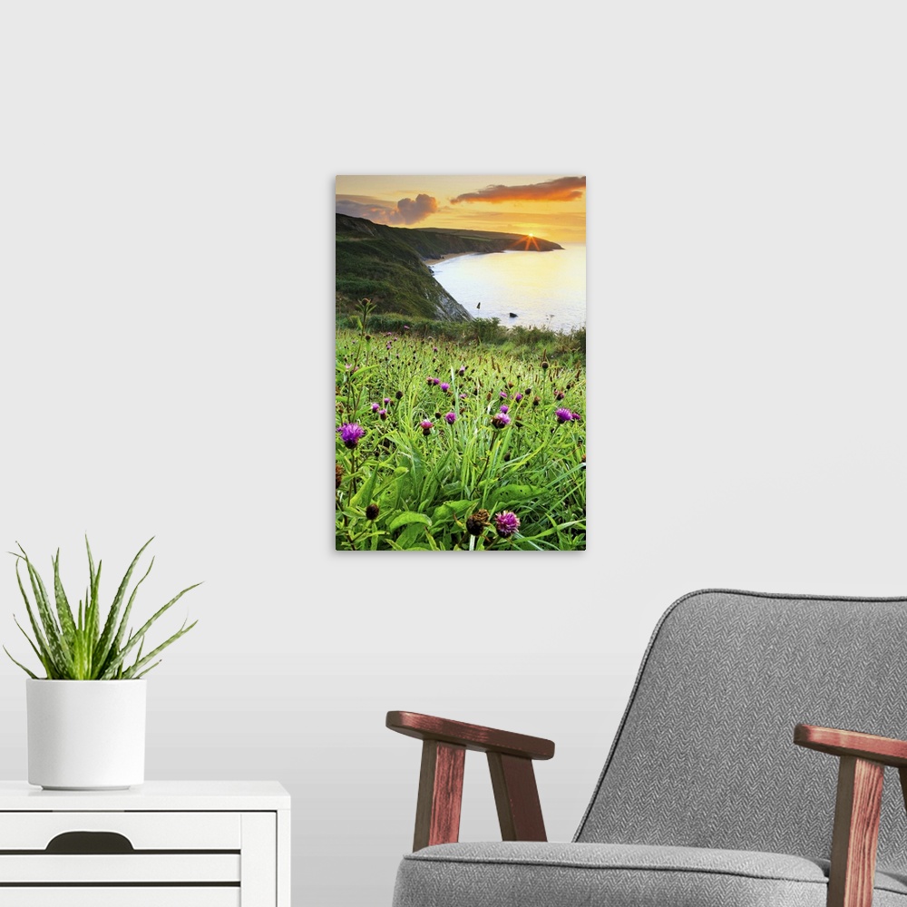 A modern room featuring England, Cornwall, Sun rising on Porthbeor beach, St Anthony's Head, Roseland peninsula