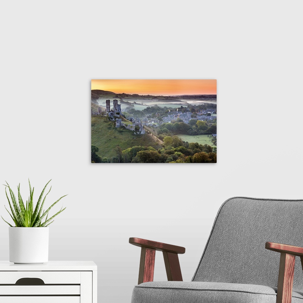 A modern room featuring UK, England, Great Britain, Dorset, Sunrise over Corfe Castle in Purbeck Island.