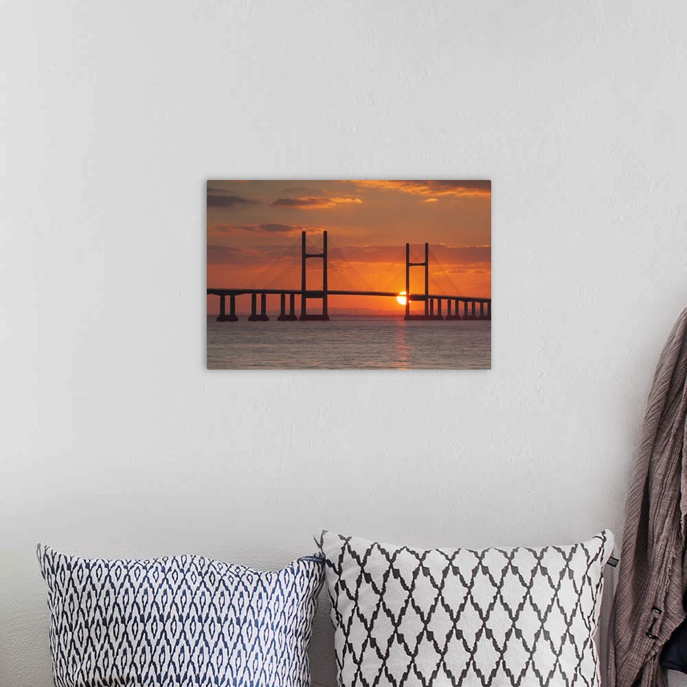 A bohemian room featuring England, Great Britain, Gloucestershire, Severn Bridge, Second Severn Crossing at sunset