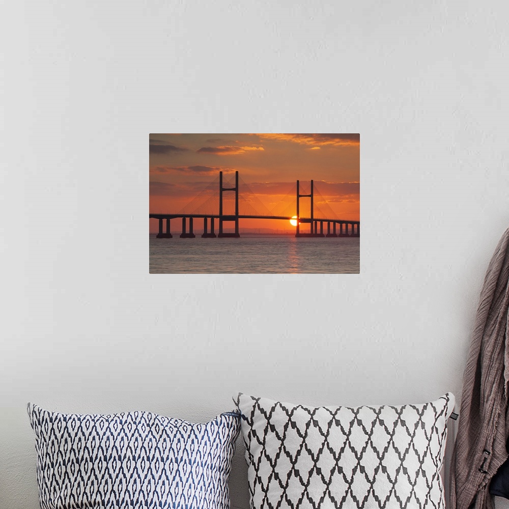 A bohemian room featuring England, Great Britain, Gloucestershire, Severn Bridge, Second Severn Crossing at sunset