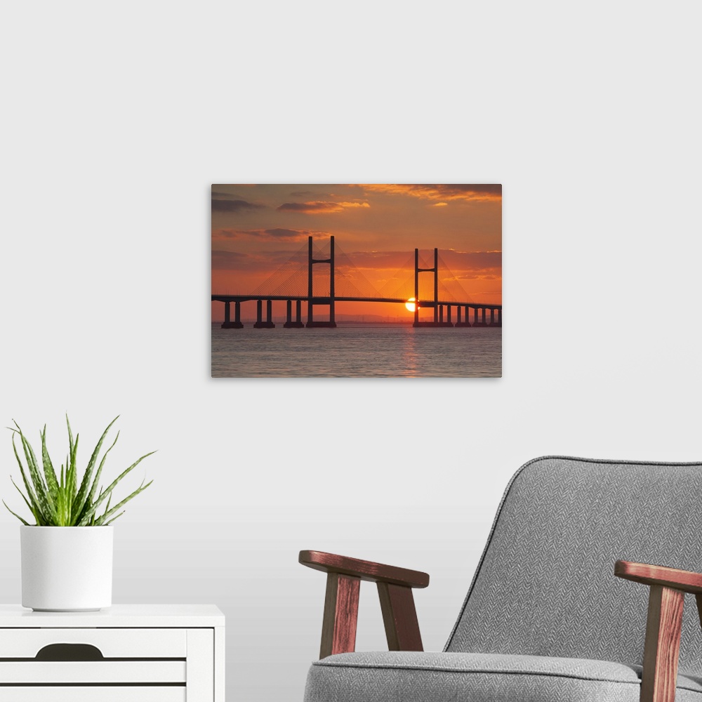 A modern room featuring England, Great Britain, Gloucestershire, Severn Bridge, Second Severn Crossing at sunset