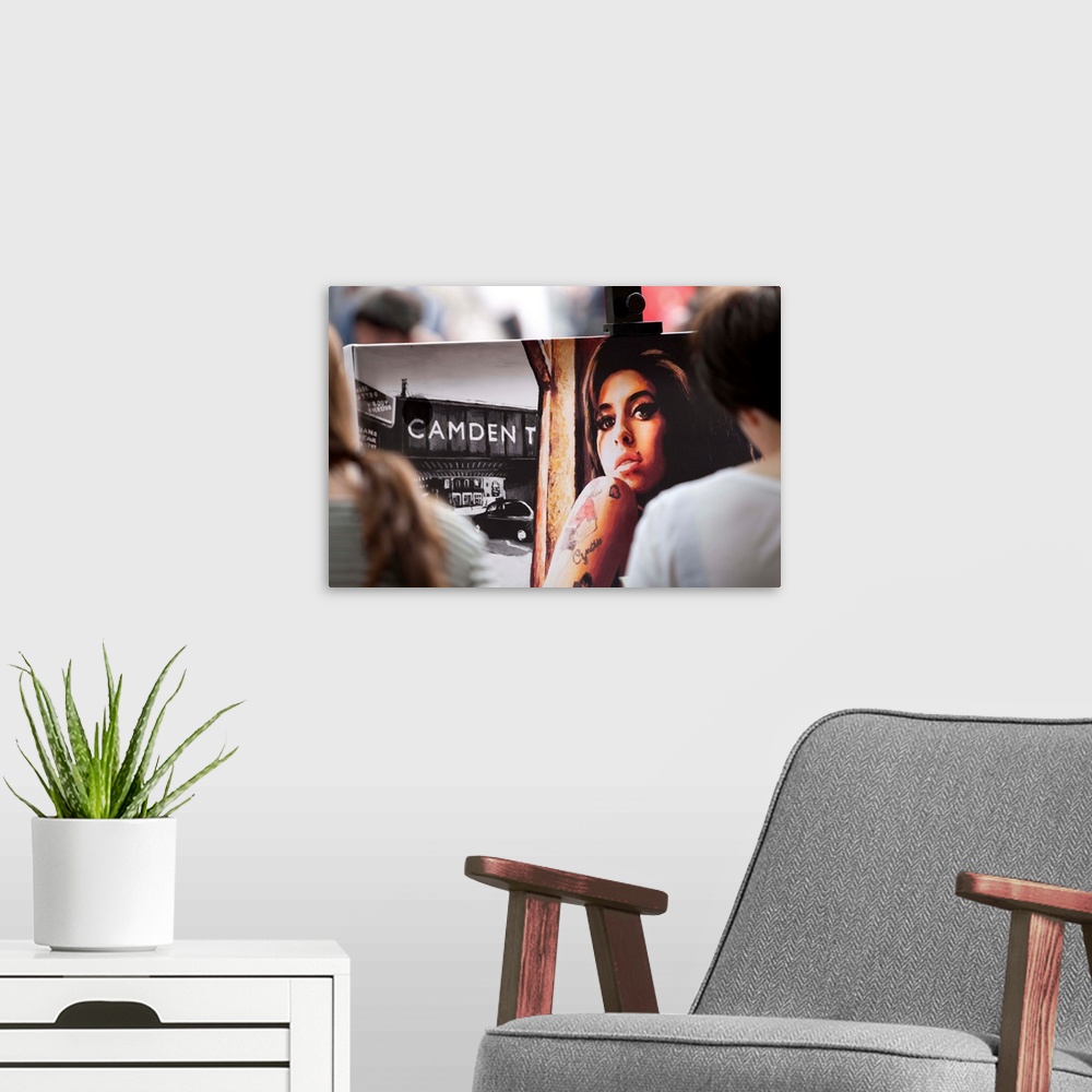A modern room featuring England, London, Camden Town, Amy Winehouse painting.