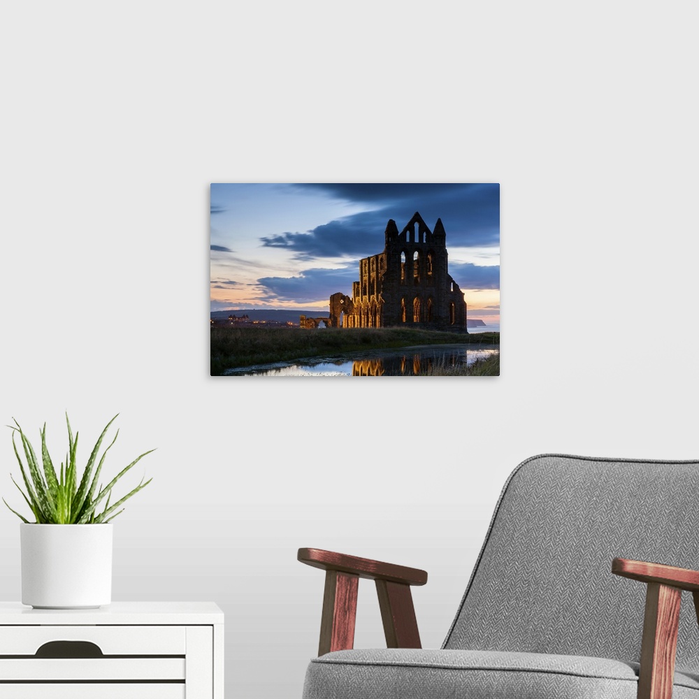 A modern room featuring UK, England, Great Britain, North Yorkshire, Whitby, Abbey at night.