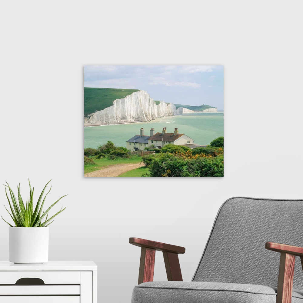 A modern room featuring England, Sussex, Seven Sisters cliffs, view from Seaford town