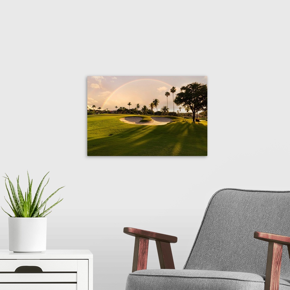 A modern room featuring Florida, Boca Raton, golf course with palm trees & rainbow.