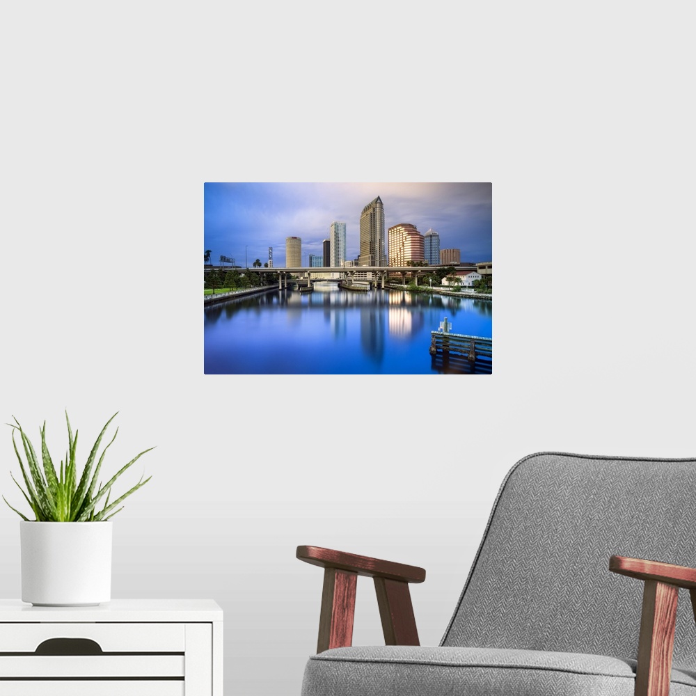 A modern room featuring Florida, Tampa, View of the skyline reflected in the Hillsborough River