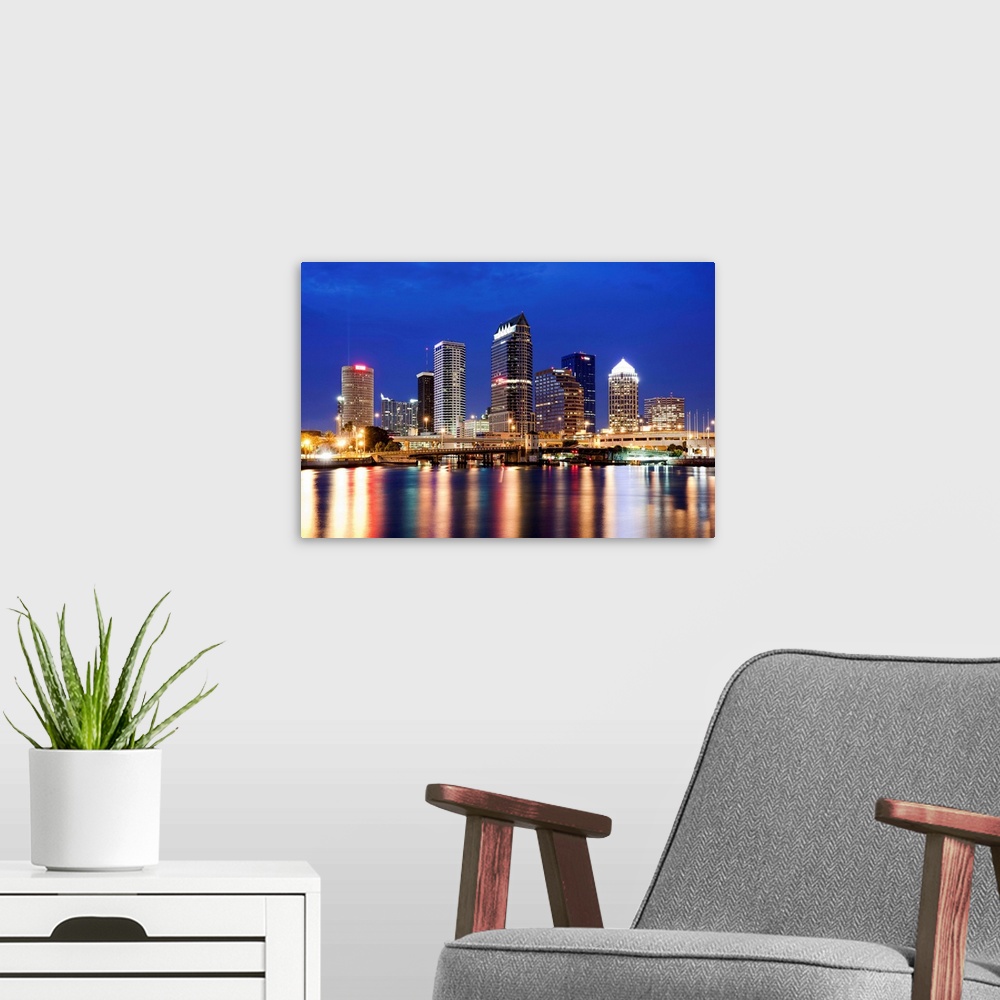 A modern room featuring Florida, Tampa, View of the skyline reflected in the Hillsborough River