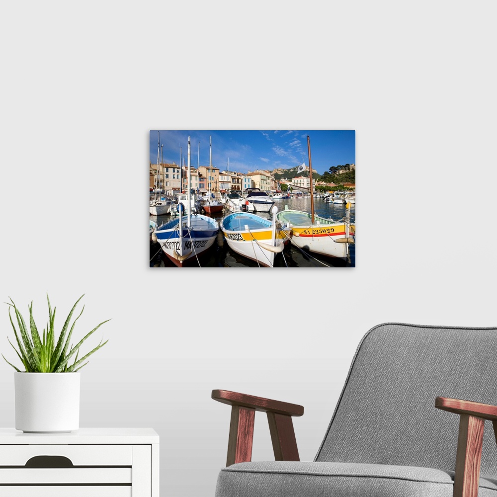 A modern room featuring France, Bouches-du-Rhone, Cassis, Sailing dinghies in front of the port