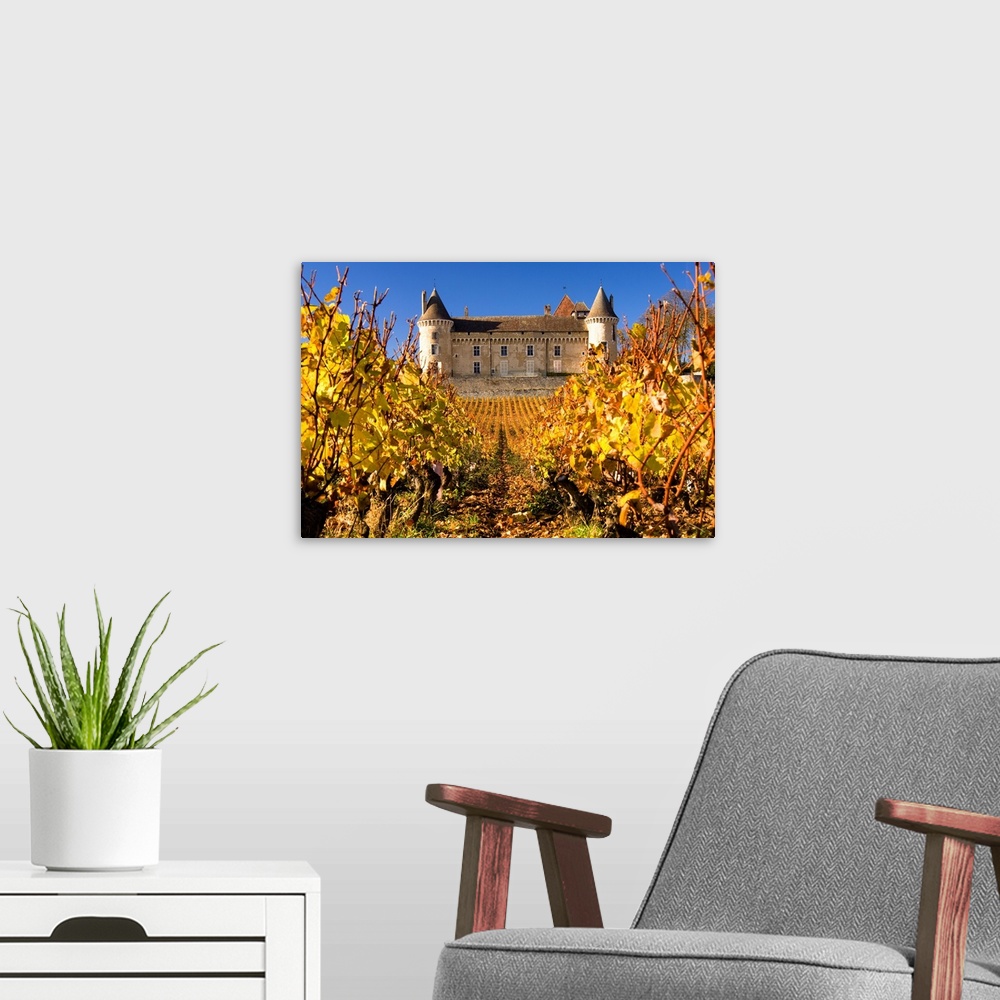 A modern room featuring France, Burgundy, Rully, Saone-et-Loire, Rully castle and vineyards