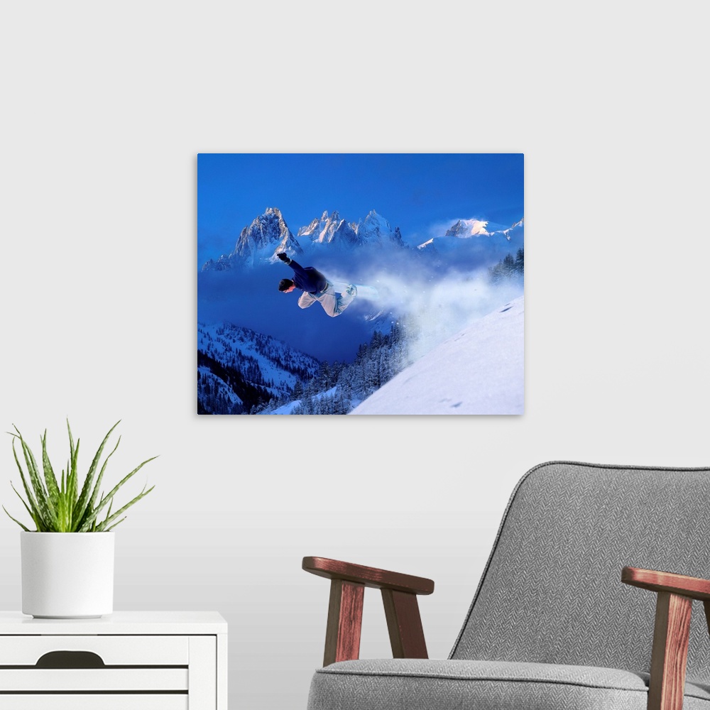 A modern room featuring France, Chamonix, snowboard, Snowboard, Aig. Le Verte in background