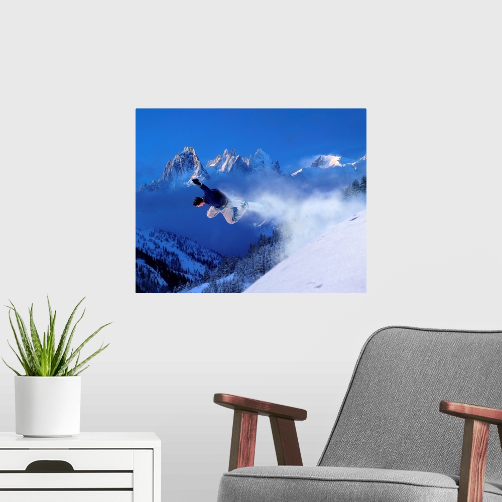 A modern room featuring France, Chamonix, snowboard, Snowboard, Aig. Le Verte in background