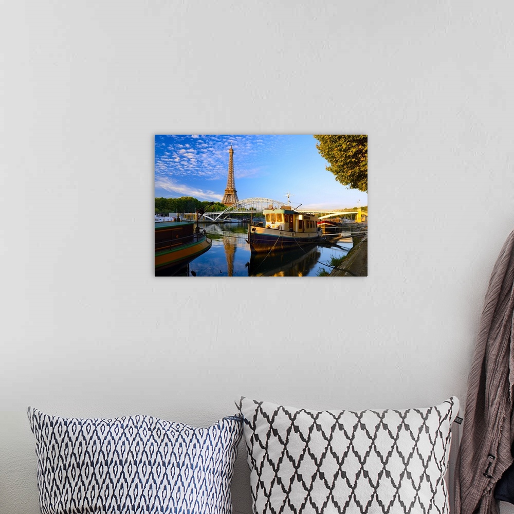 A bohemian room featuring France, Ile-de-France, Seine, Ville de Paris, Paris, Eiffel Tower, Barges moored along the Seine ...