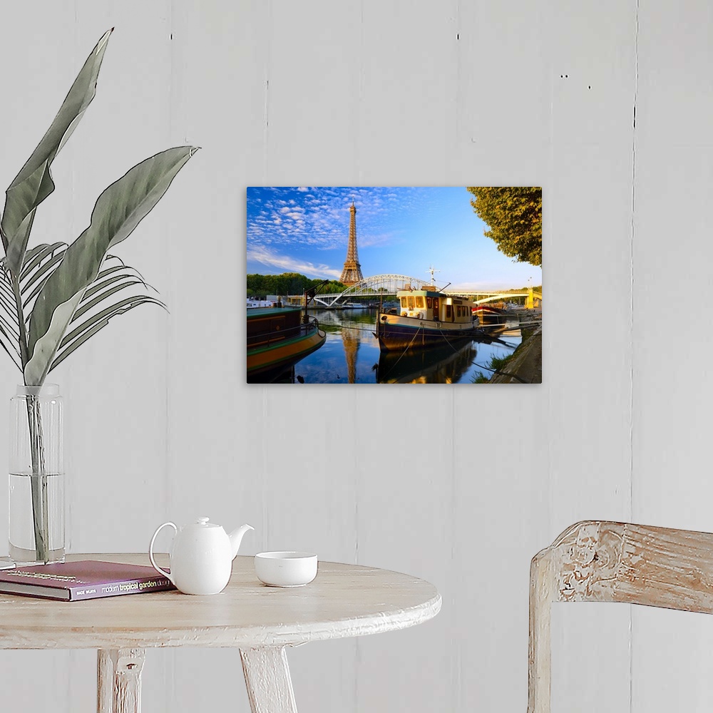 A farmhouse room featuring France, Ile-de-France, Seine, Ville de Paris, Paris, Eiffel Tower, Barges moored along the Seine ...