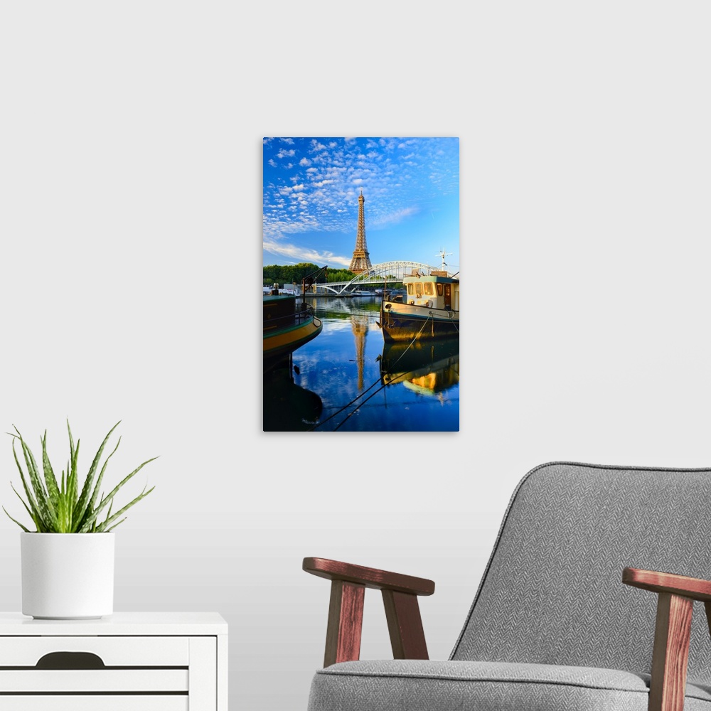 A modern room featuring France, Ile-de-France, Seine, Ville de Paris, Paris, Eiffel Tower, Barges moored along the Seine ...