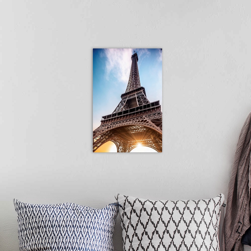 A bohemian room featuring France, Ile-de-France, Ville de Paris, Paris, Invalides, The Eiffel Tower at sunrise.