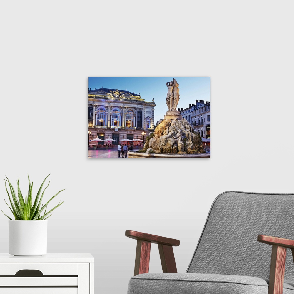 A modern room featuring France, Languedoc-Roussillon, Montpellier, The Three Graces fountain and Opera House