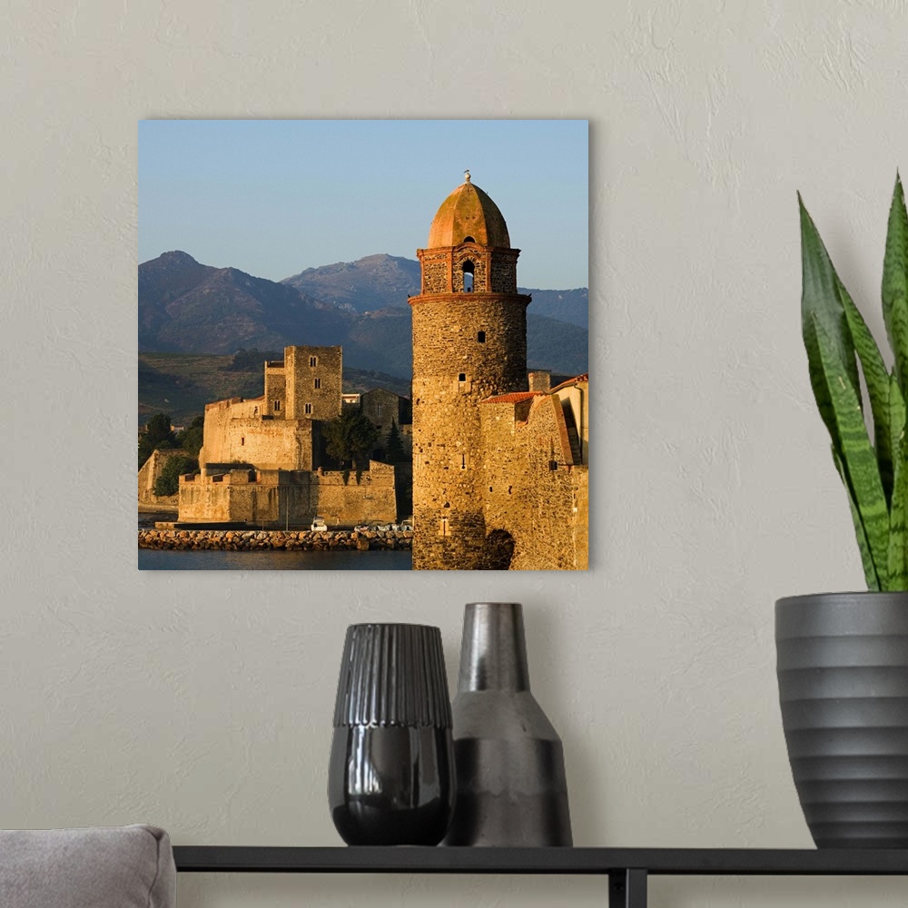A modern room featuring France, Languedoc-Roussillon, Collioure town, Notre Dames des Anges church and Royal Castle