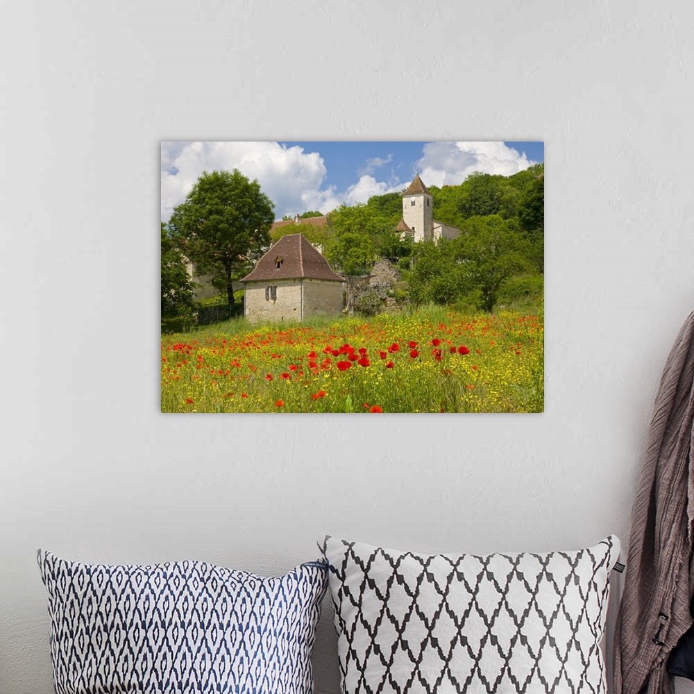A bohemian room featuring France, Midi-Pyrenees, Lot, Quercy, Sauliac-sur-Cele, House and church