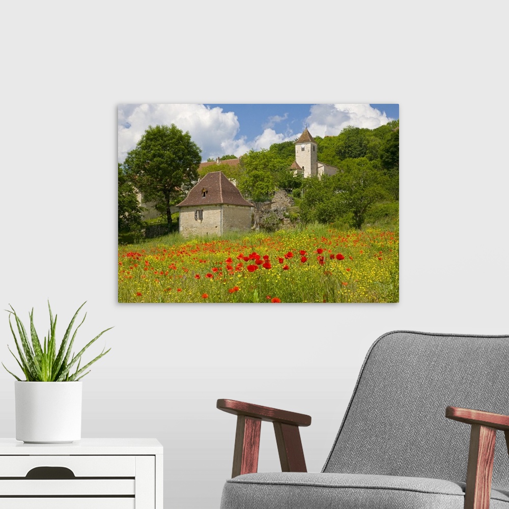 A modern room featuring France, Midi-Pyrenees, Lot, Quercy, Sauliac-sur-Cele, House and church