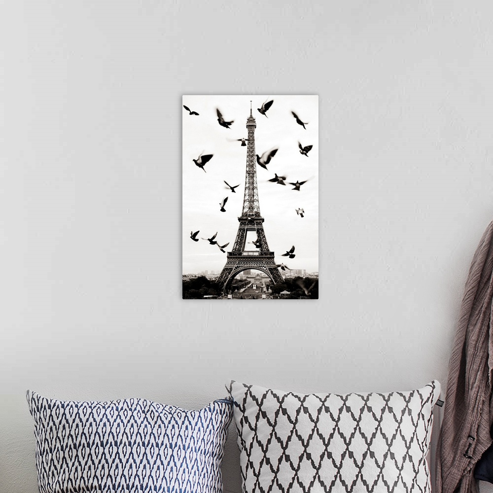 A bohemian room featuring France, Paris, Birds in front of the Eiffel Tower.