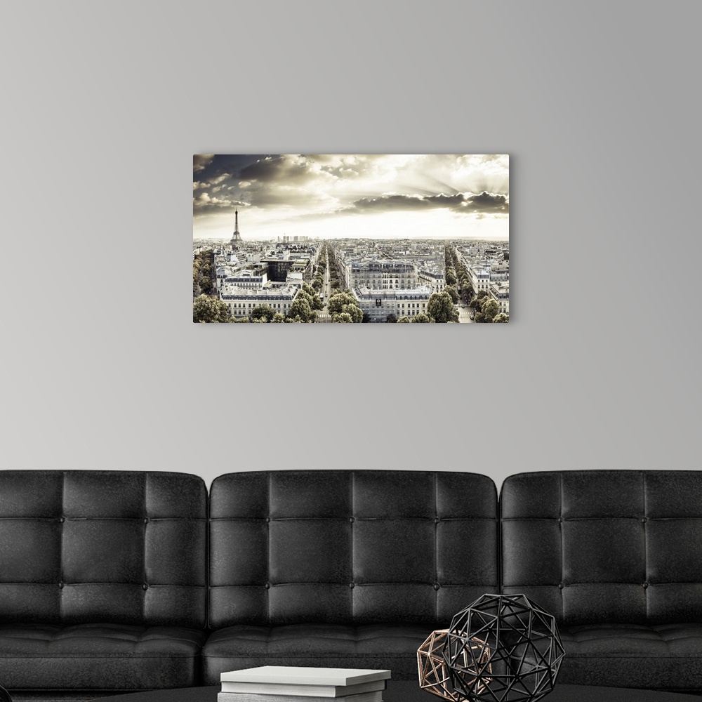 A modern room featuring France, Paris, Champs Elysees, Cityscape from the Arc de Triomphe, Eiffel Tower in the background...