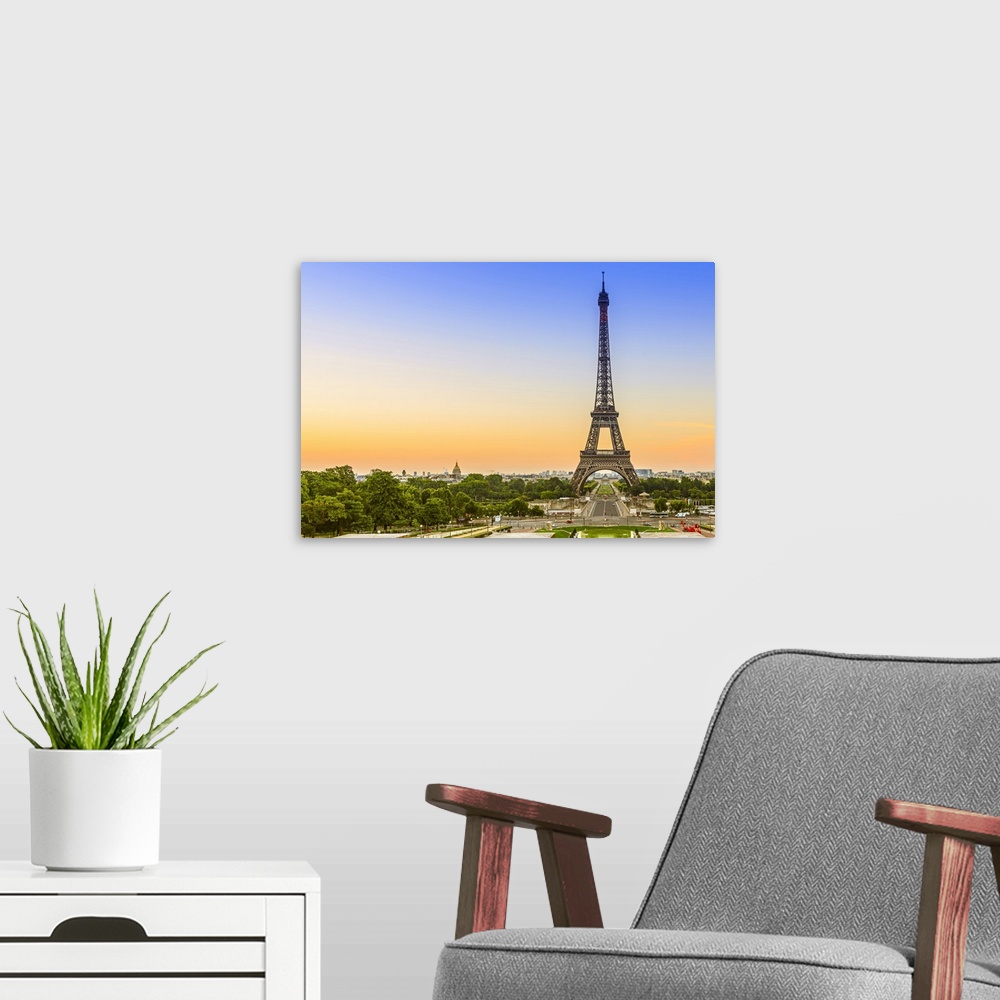 A modern room featuring France, Paris, Eiffel Tower, View from the trocadero at sunrise.